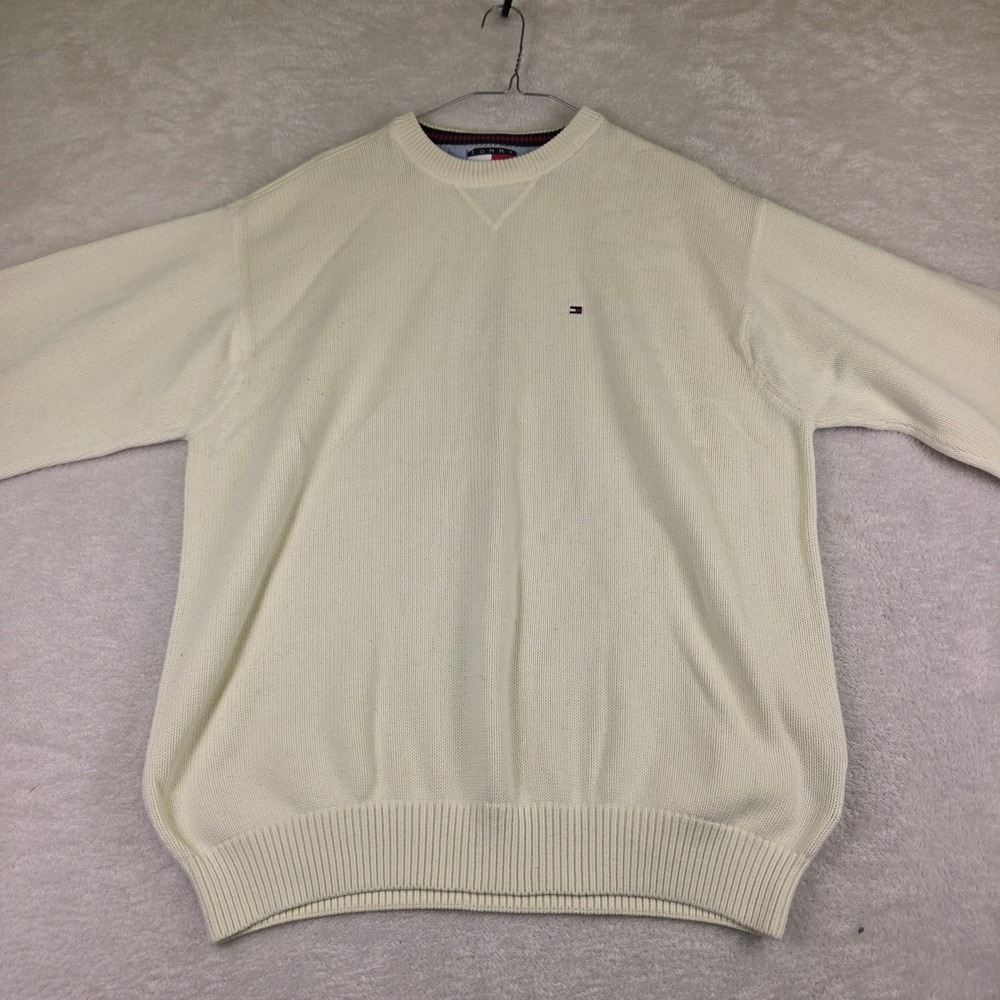 Tommy Hilfiger Mens XL Cream Cotton Knit Crewneck Sweater Flag Logo Vintage